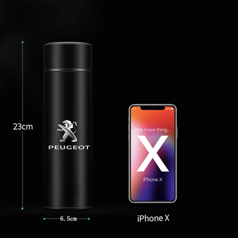 Smart Thermos Bottle — Stainless Steel Digital Temperature Display Cup with Peugeot Logo (Vacuum Insulated Hot & Cold Flask, 500 ml)