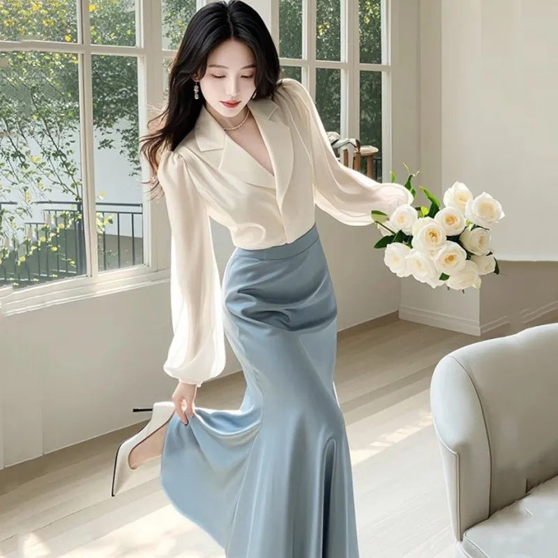 Spring/Summer High-End Temperament Two-Piece Set — Elegant Notched Shirt & Slim-Fit Flowing Skirt (Office Lady Style)