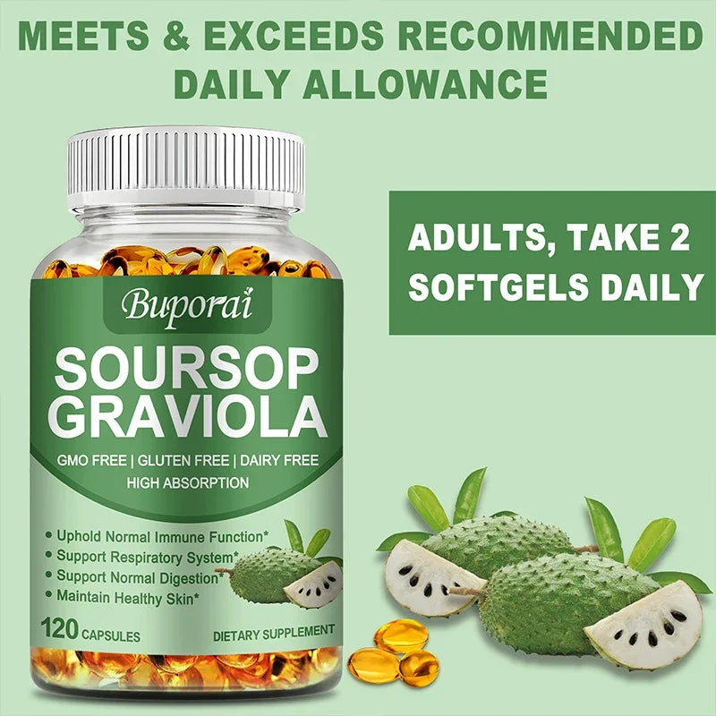 Premium Organic Soursop (Graviola) Capsules — 120 Total, Mood & Stress Support (US Origin, Herbal Leaves)