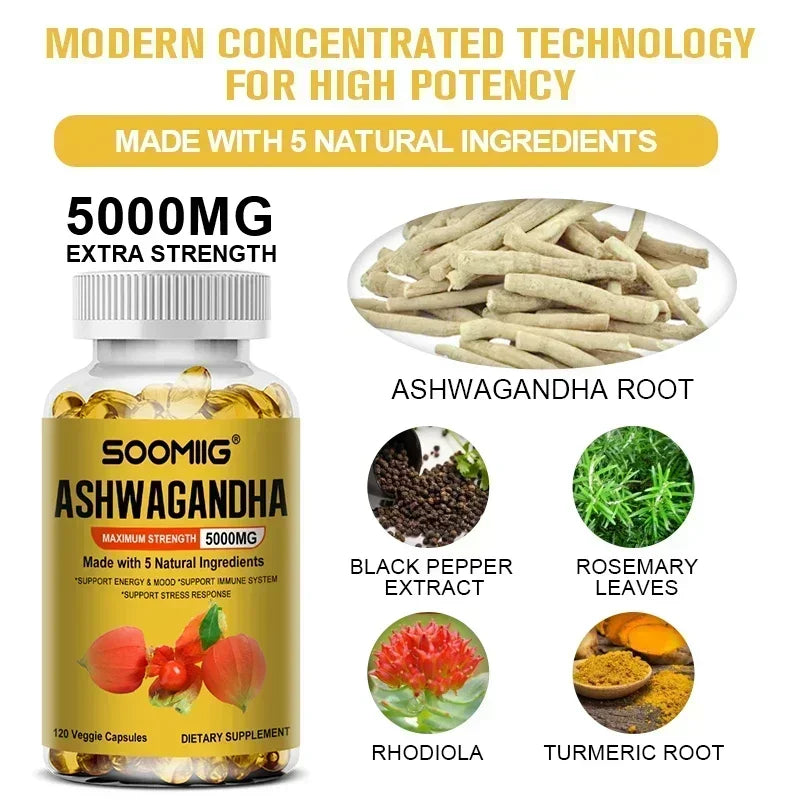 Ashwagandha Root Extract Capsules — Mood & Stress Support with Cognitive & Immune Wellness (5000 mg, Vegetarian, Unisex, US Origin)