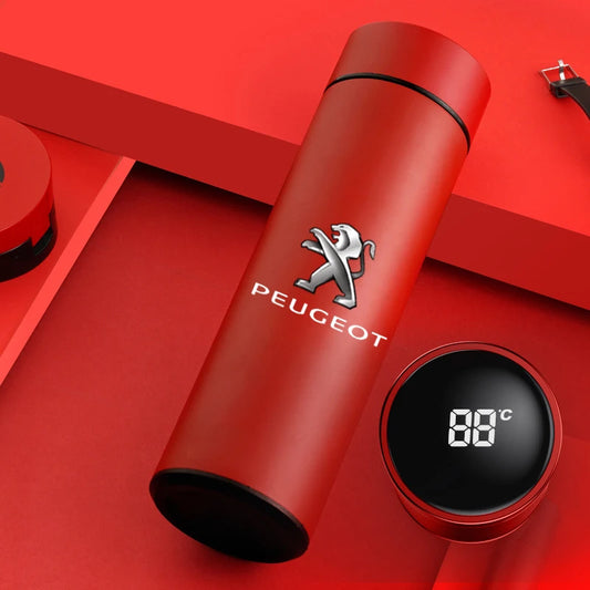 Smart Thermos Bottle — Stainless Steel Digital Temperature Display Cup with Peugeot Logo (Vacuum Insulated Hot & Cold Flask, 500 ml)