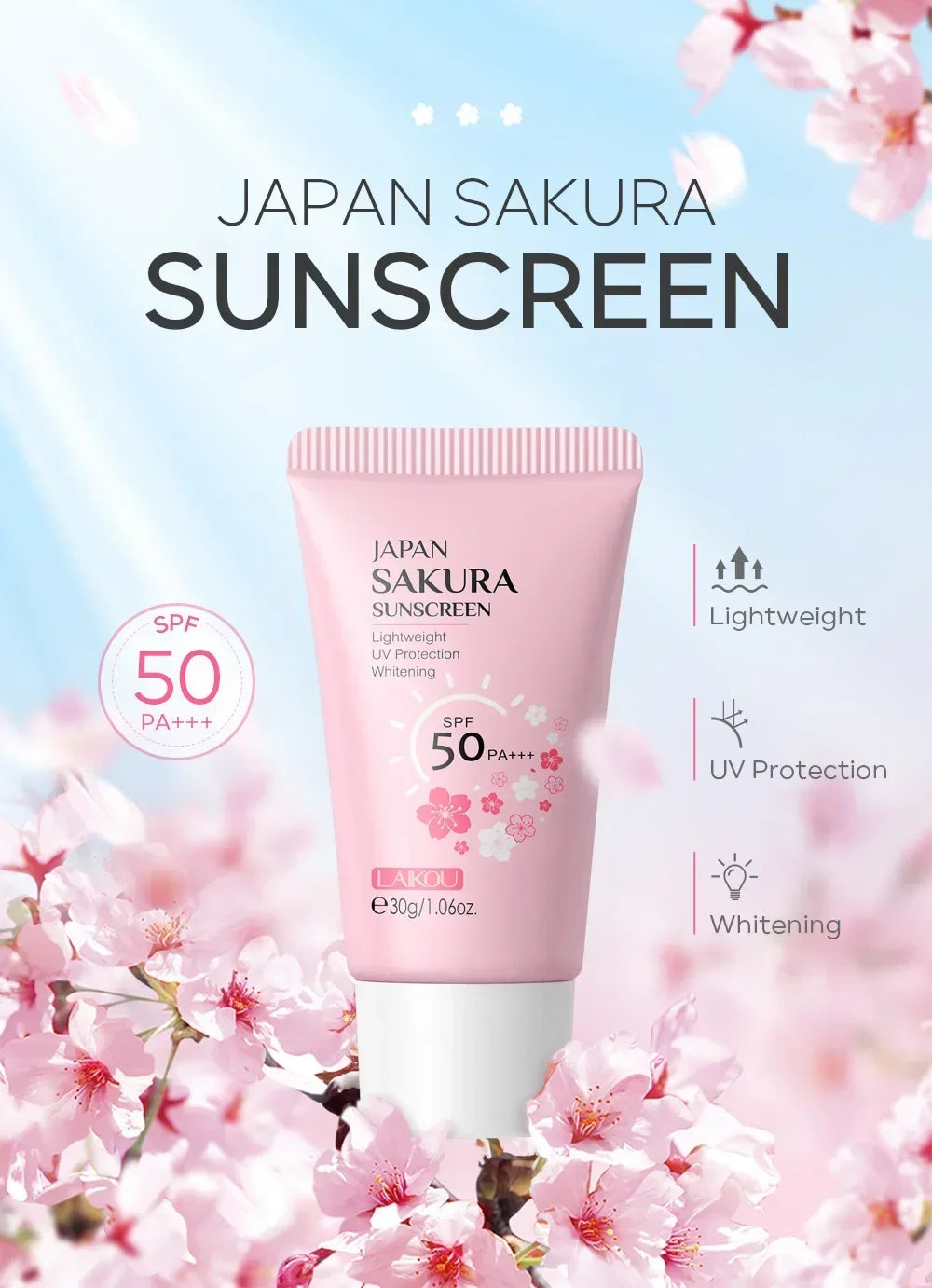 Laikou Sakura Whitening Cream — SPF 50 Sunscreen & Moisturizing Facial Protector (30 g)