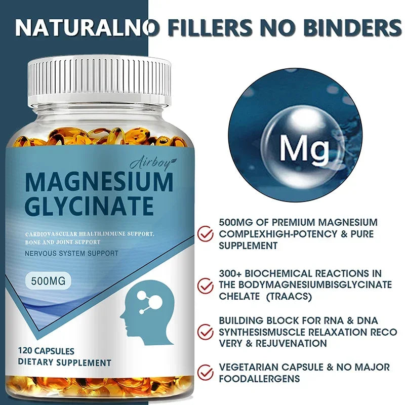 Magnesium Glycinate Capsules — Nervous System, Mood & Sleep Quality Support with Muscle & Heart Wellness (Unisex, US Origin)