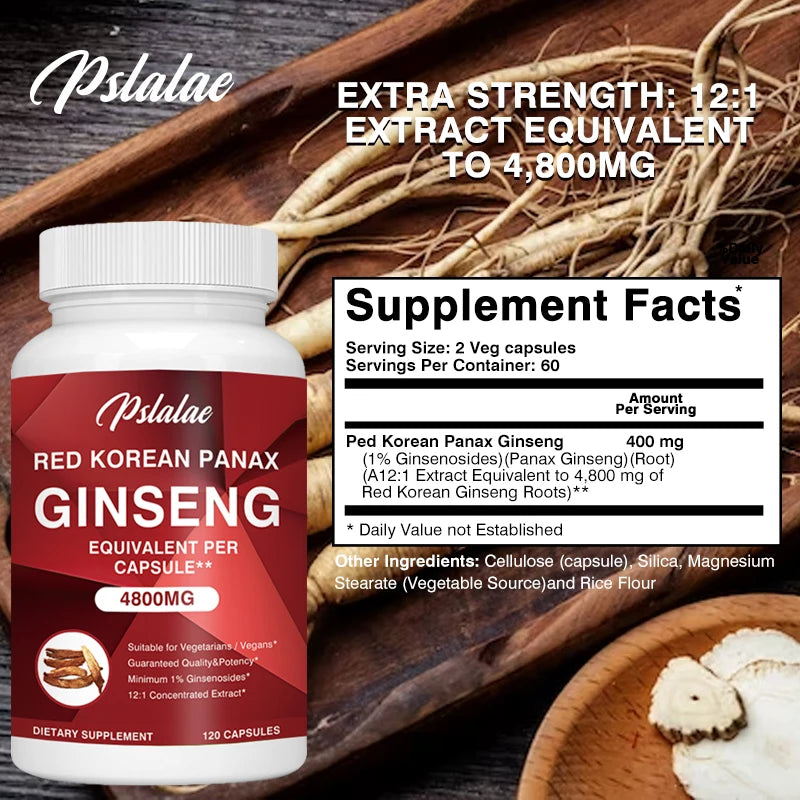 Premium Korean Red Ginseng Extract 4,800 mg — 120 Vegetarian Capsules (12:1 Concentrated, 2-Month Supply) Non-GMO, Non-GMO, Gluten-Free