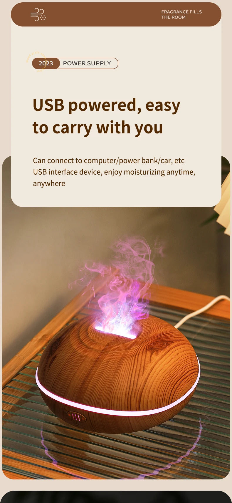 HLCOME Wood-Grain Ultrasonic Aroma Diffuser — 200 ml Essential Oil Humidifier with 7-Color LED Lights & Remote Control for Sleep and Stress Relief