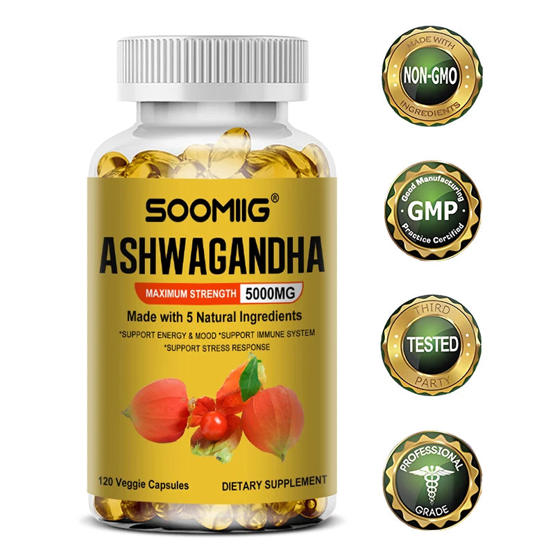 Ashwagandha Root Extract Capsules — Mood & Stress Support with Cognitive & Immune Wellness (5000 mg, Vegetarian, Unisex, US Origin)