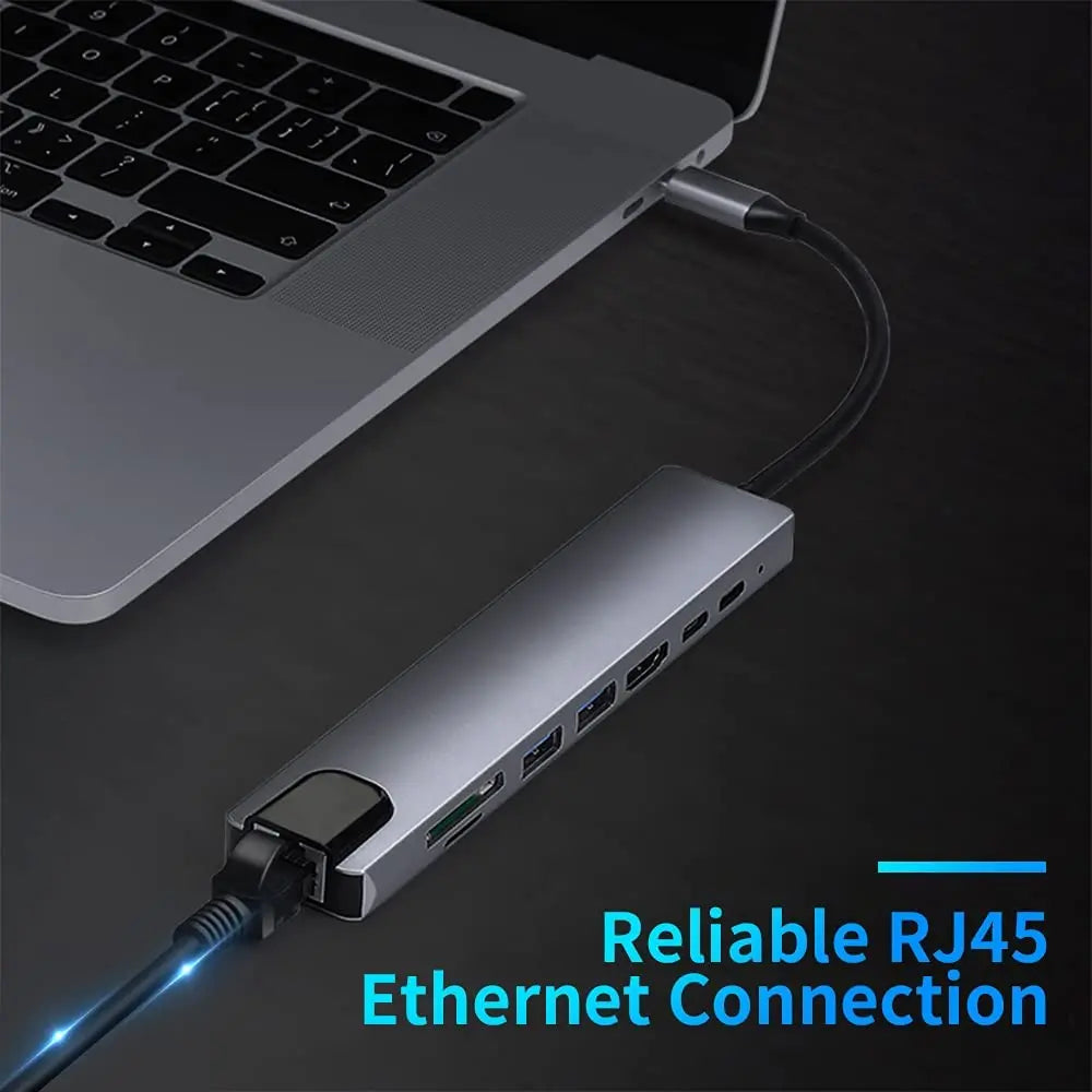 Aluminum USB 3.0 Laptop Docking Hub – PD Fast Charge, RJ45 Ethernet, HDMI, SD/TF Card Reader & Type-C Splitter
