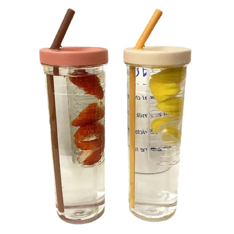 Portable Plastic Water Bottle with Fruit Infuser & Straw
