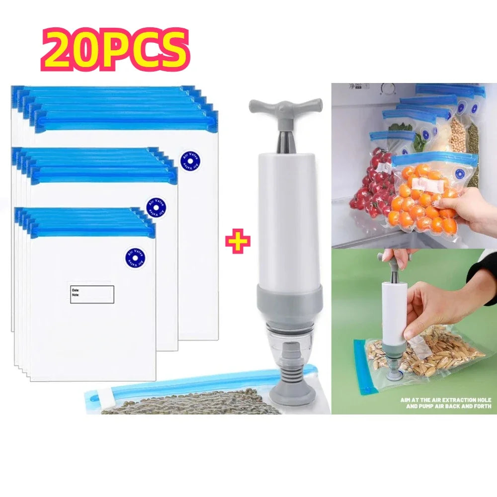 Reusable Vacuum Seal Food Bags with Air Valve Pump