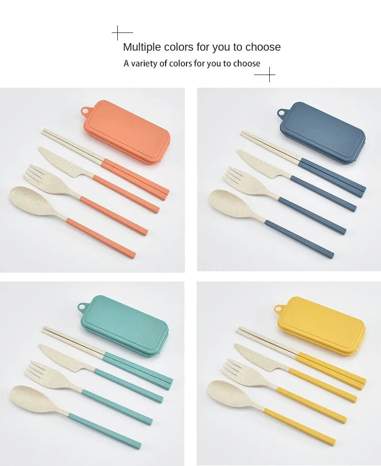 5pcs Portable Wheat Straw Cutlery Set with Carrying Box
