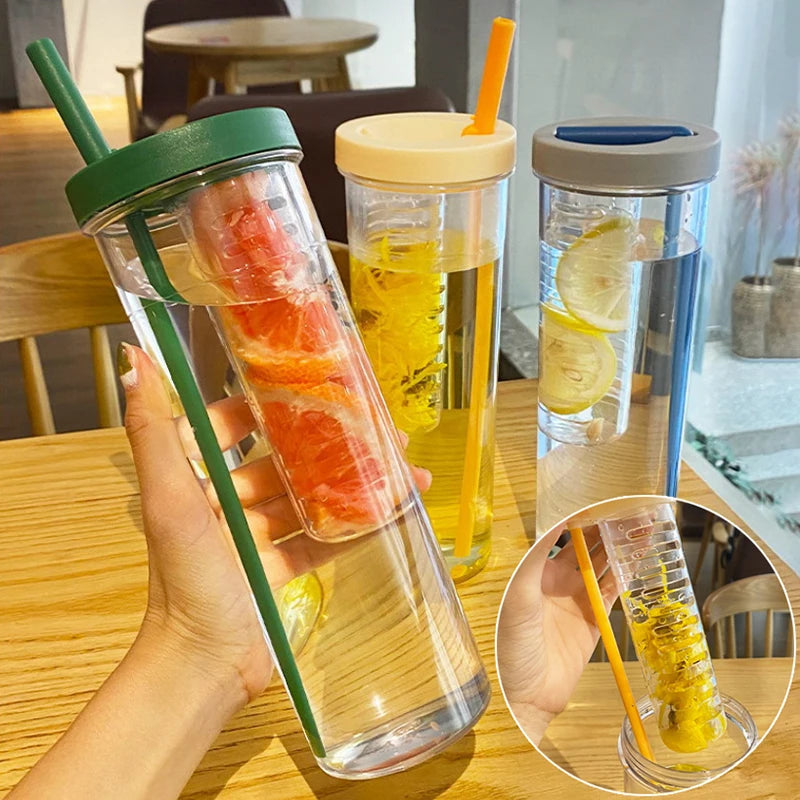 Portable Plastic Water Bottle with Fruit Infuser & Straw