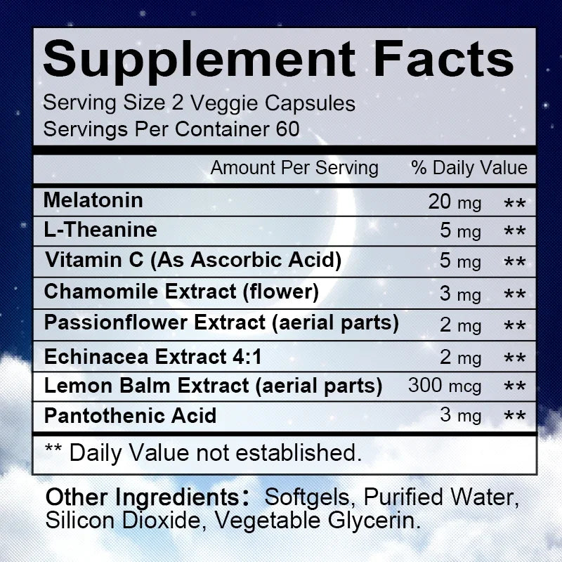 Melatonin Sleep Support Capsules — Restful Sleep & Calm Alertness with Vitamin C & L-Theanine (Non-GMO, Unisex)
