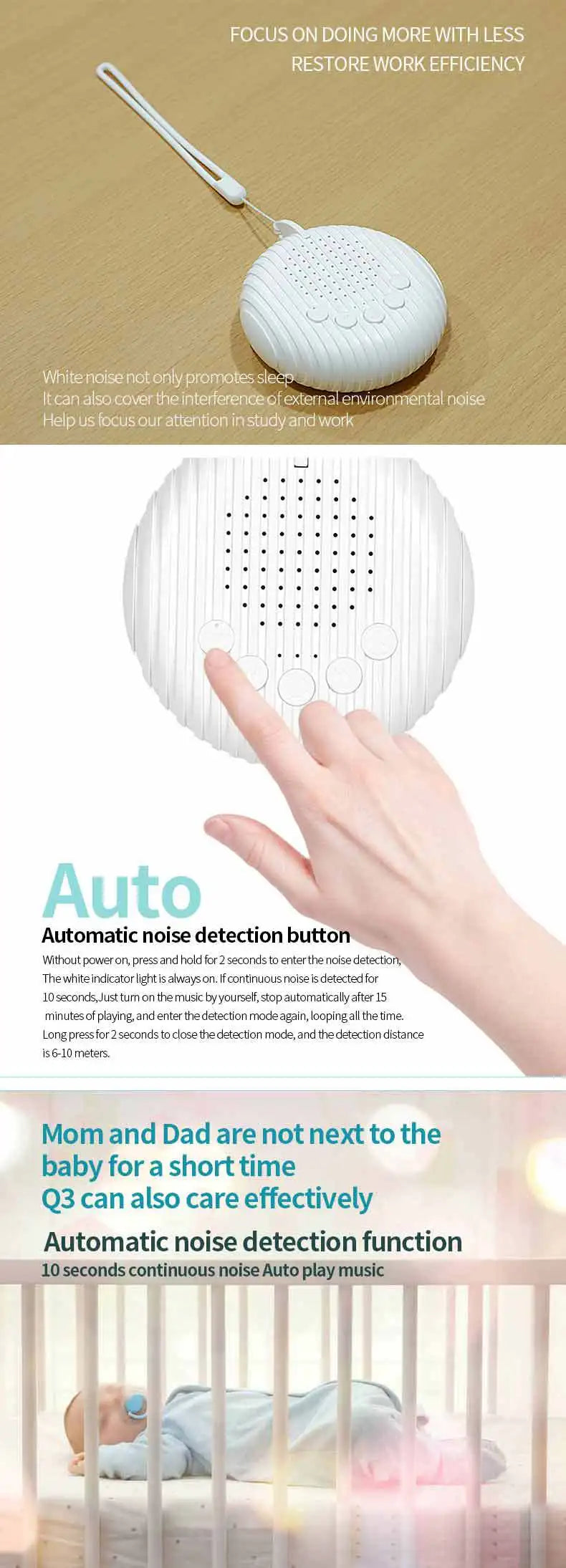 Baby White Noise Machine USB Rechargeable Timed Shutdown Sound Machine Sleep Soother Relaxation Monitor For Baby Adult Office