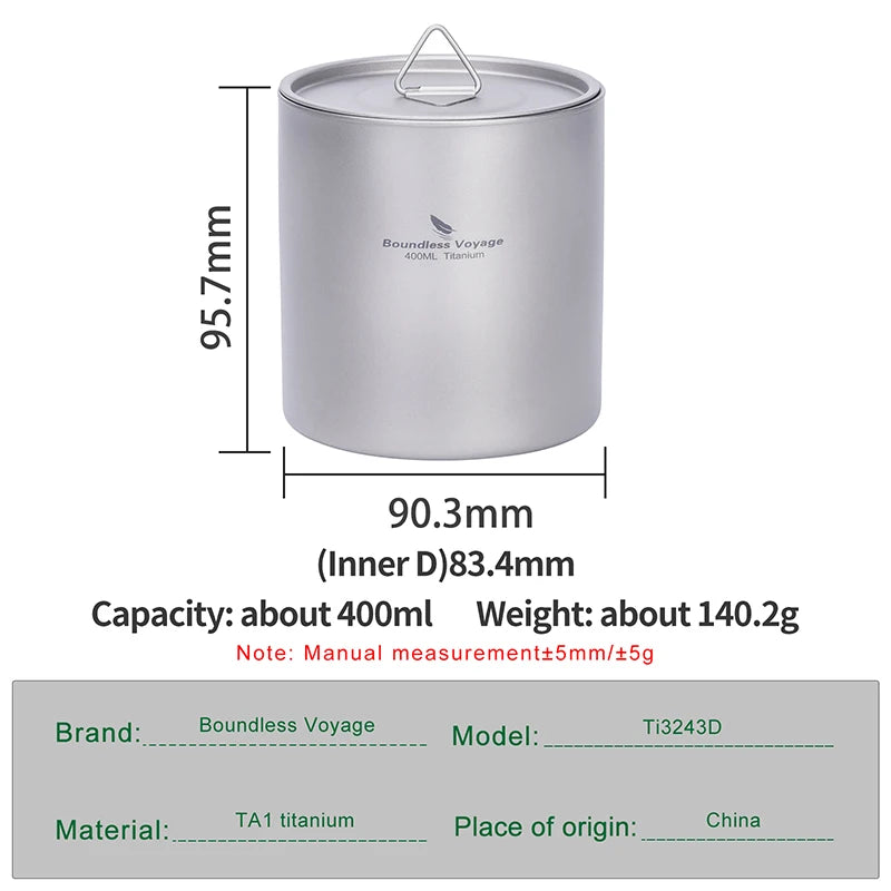 Boundless Voyage Titanium Mug — Double-Walled Anti-Scalding Stackable Cup for Outdoor Camping, Tea & Coffee (400 ml)