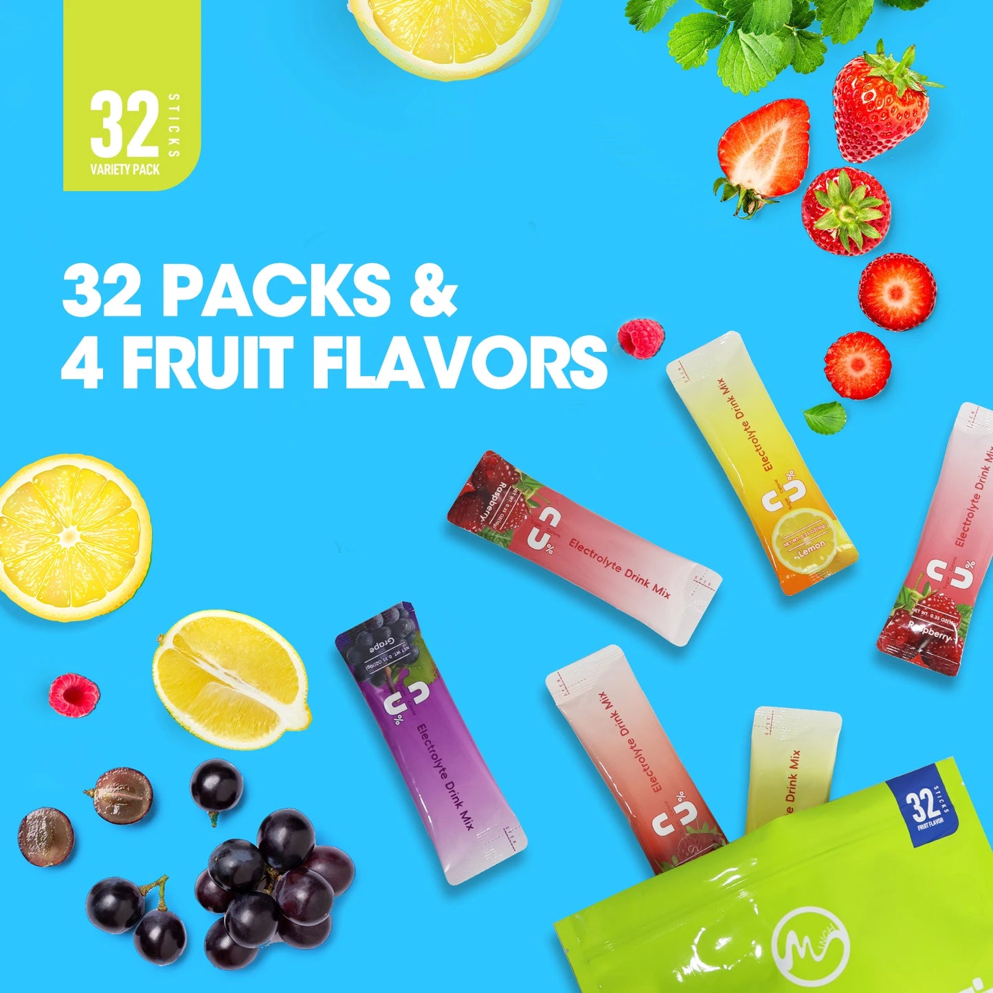 Electrolytes Mix Packets — Sugar-Free Hydration with 8 Electrolytes & 5 Vitamins (32 Sticks, Unisex, US Origin)