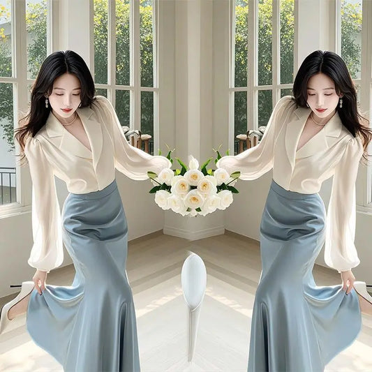 Spring/Summer High-End Temperament Two-Piece Set — Elegant Notched Shirt & Slim-Fit Flowing Skirt (Office Lady Style)
