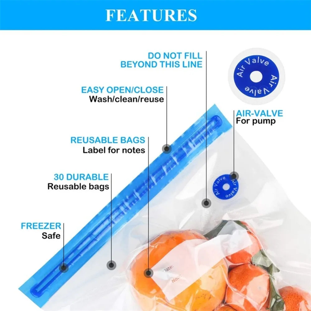 Reusable Vacuum Seal Food Bags with Air Valve Pump