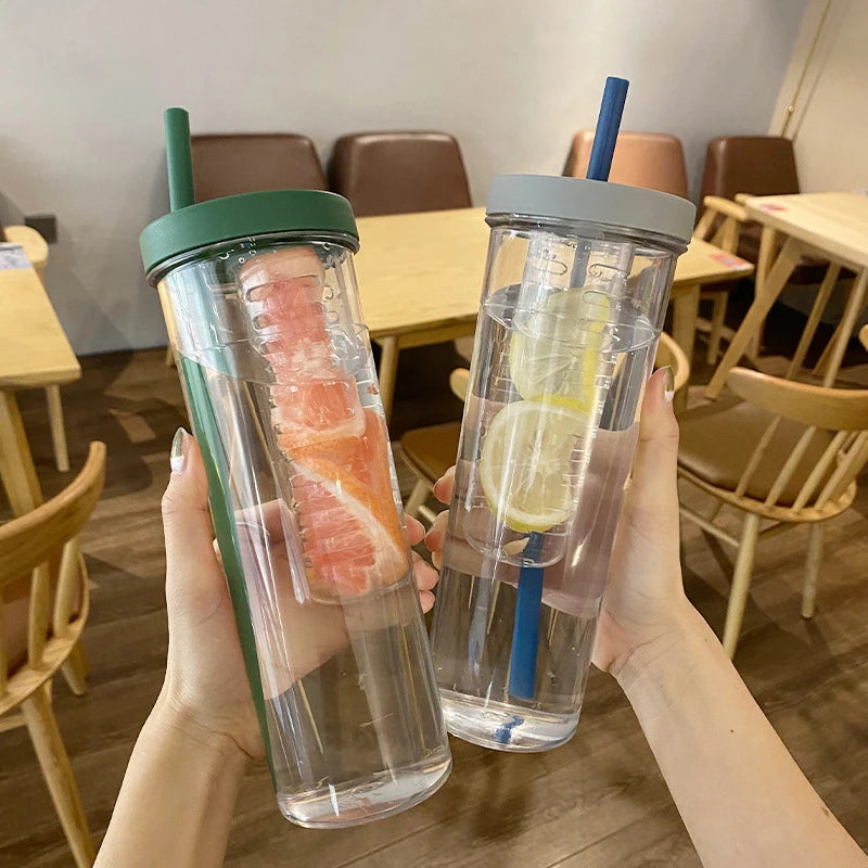 Portable Plastic Water Bottle with Fruit Infuser & Straw
