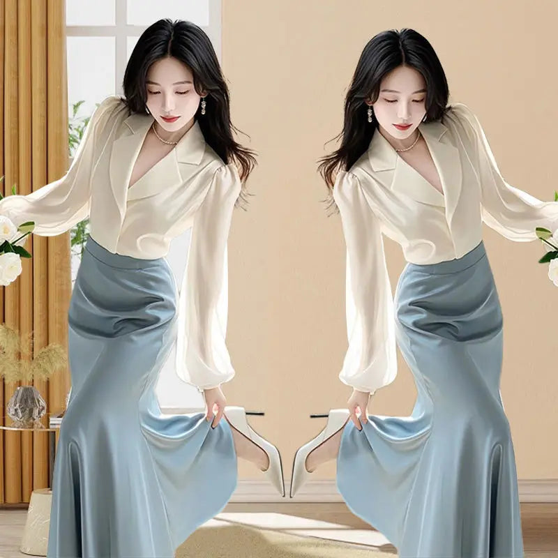 Spring/Summer High-End Temperament Two-Piece Set — Elegant Notched Shirt & Slim-Fit Flowing Skirt (Office Lady Style)