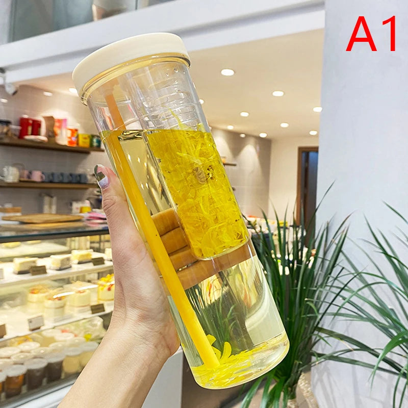 Portable Plastic Water Bottle with Fruit Infuser & Straw