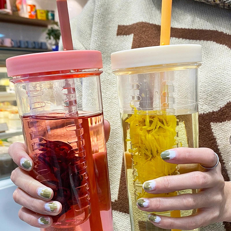Portable Plastic Water Bottle with Fruit Infuser & Straw