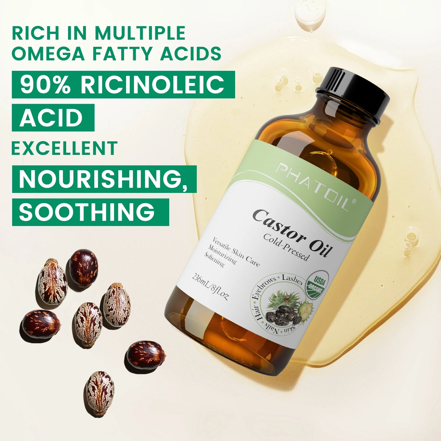 PHATOIL Organic Castor Oil — Nourish Lashes, Hair & Skin (236 ml / 118 ml)