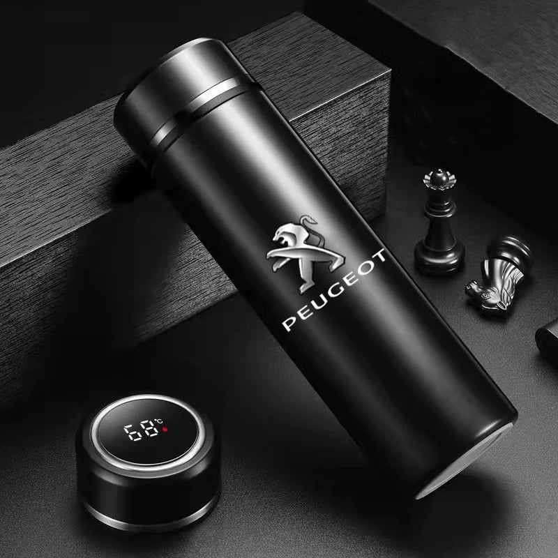 Smart Thermos Bottle — Stainless Steel Digital Temperature Display Cup with Peugeot Logo (Vacuum Insulated Hot & Cold Flask, 500 ml)
