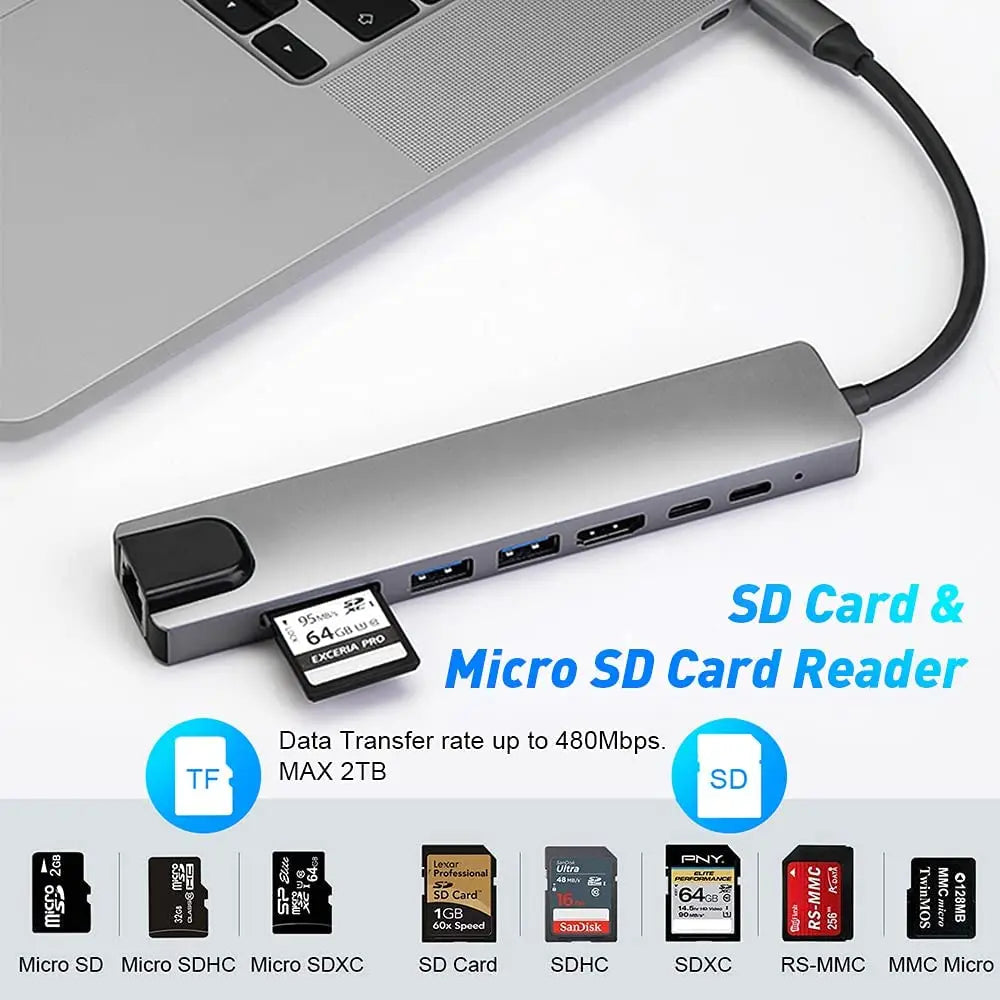 Aluminum USB 3.0 Laptop Docking Hub – PD Fast Charge, RJ45 Ethernet, HDMI, SD/TF Card Reader & Type-C Splitter