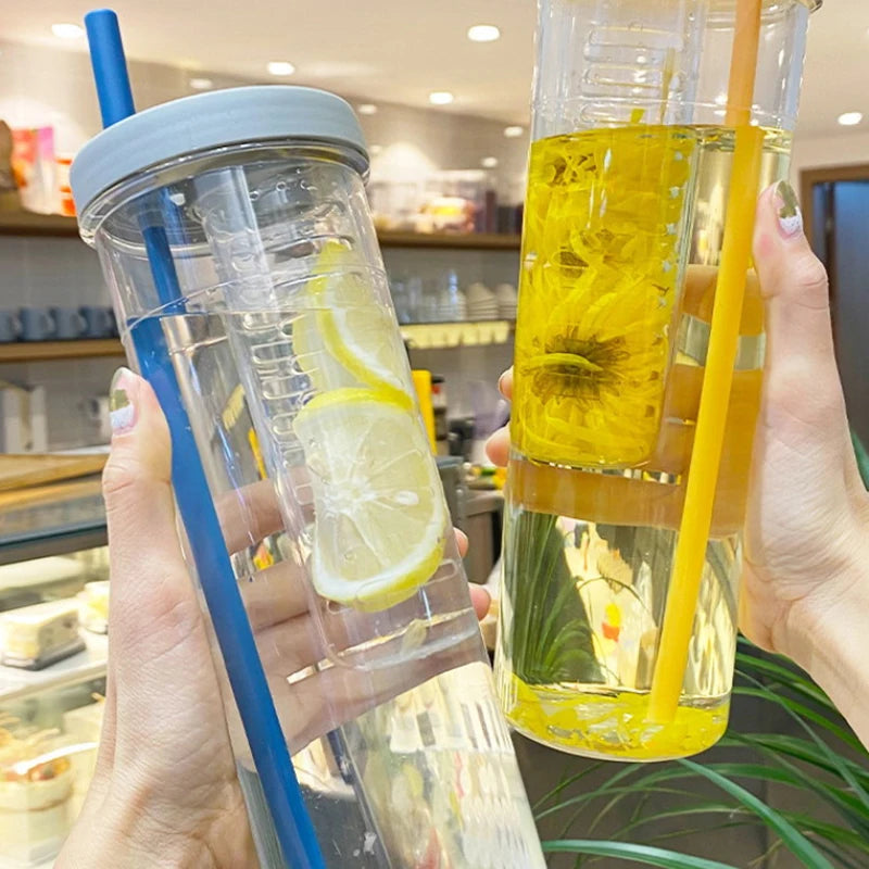 Portable Plastic Water Bottle with Fruit Infuser & Straw