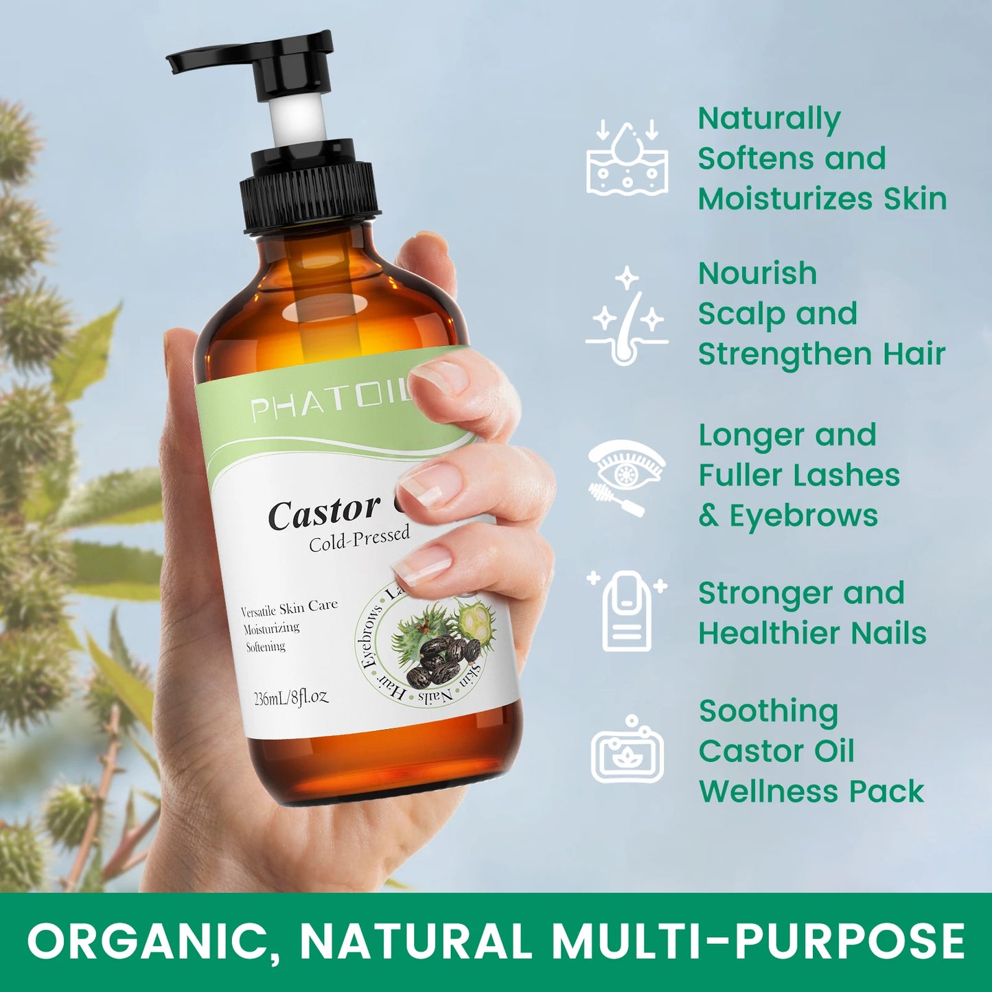 PHATOIL Organic Castor Oil — Nourish Lashes, Hair & Skin (236 ml / 118 ml)