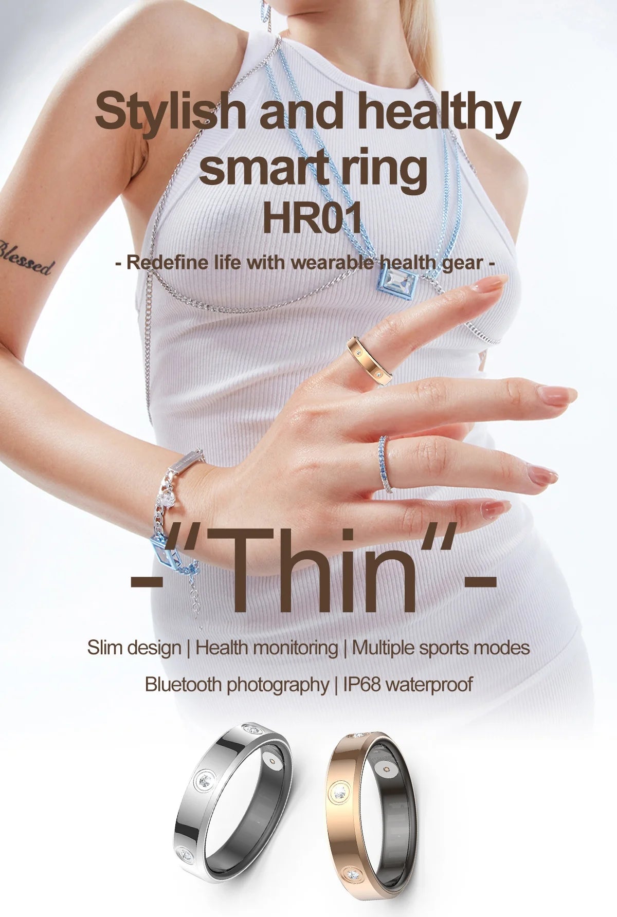 Smart Wellness Ring HR01 — Sleep, Heart Rate & Blood Oxygen Monitoring (Unisex, 3ATM Waterproof, Long Battery Life)