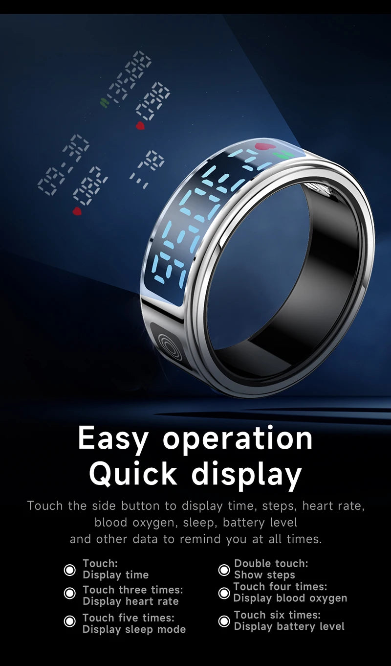 FIDI SR08 Smart Ring — LED Display Wellness Tracker with Sleep, Heart Rate & Sports Modes (Stainless Steel, 3ATM Waterproof)