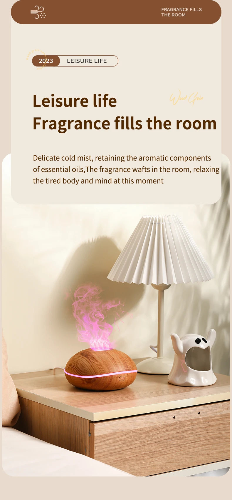 HLCOME Wood-Grain Ultrasonic Aroma Diffuser — 200 ml Essential Oil Humidifier with 7-Color LED Lights & Remote Control for Sleep and Stress Relief