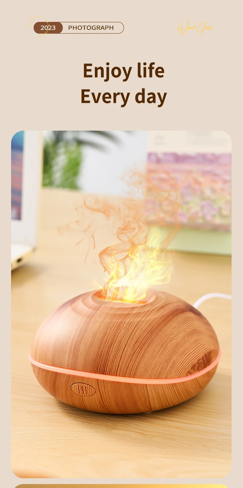 HLCOME Wood-Grain Ultrasonic Aroma Diffuser — 200 ml Essential Oil Humidifier with 7-Color LED Lights & Remote Control for Sleep and Stress Relief