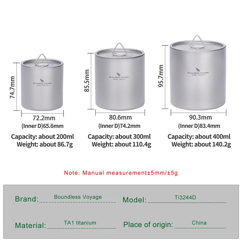 Boundless Voyage Titanium Mug — Double-Walled Anti-Scalding Stackable Cup for Outdoor Camping, Tea & Coffee (400 ml)