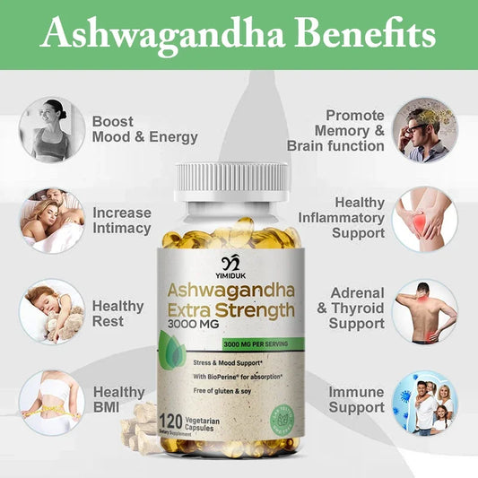 Ashwagandha Capsules — Natural Root Extract for Healthy Mood & Stress Response (3000 mg, Unisex, US Origin)