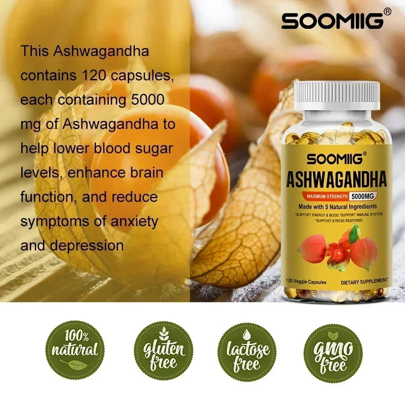 Ashwagandha Root Extract Capsules — Mood & Stress Support with Cognitive & Immune Wellness (5000 mg, Vegetarian, Unisex, US Origin)